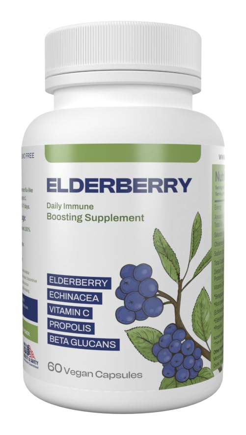Elderberry Dietary Supplement Propolis, Echinacea, Vitamin C & Beta Glucans – Daily Wellness Capsules for Adults (60 Count)
