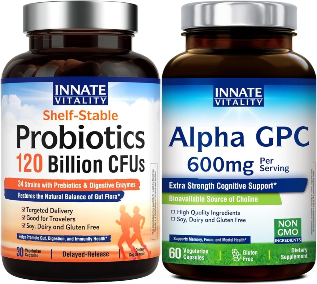 Innate Vitality Probiotics 120 Billion CFUs for Men & Women and Alpha GPC 600mg