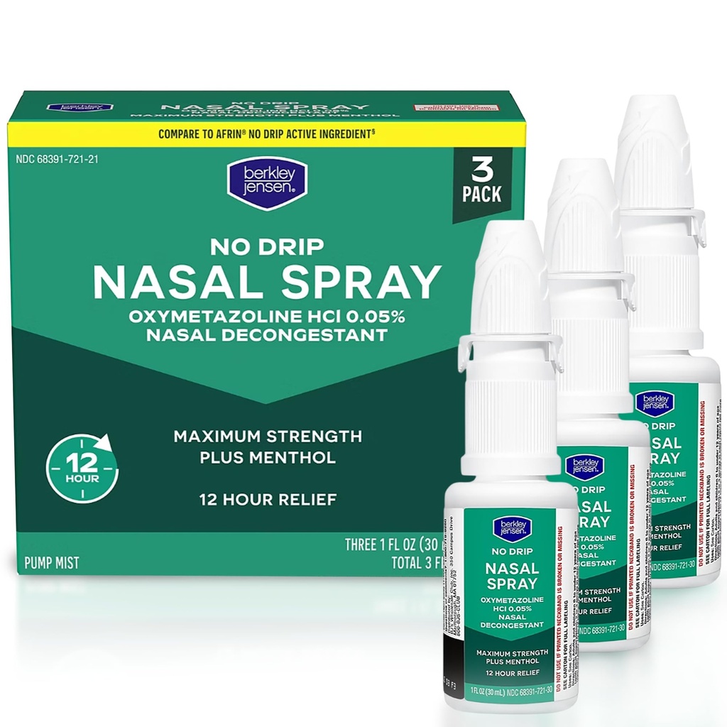 Berkley Jensen No Drip Severe Congestion Nasal Spray - Maximum Strength Decongestant with Oxymetazoline HCl & Menthol - Pump Mist Applicator, No Steroid, 12 Hour Relief, 1 Fluid Ounce (Pack of 3)
