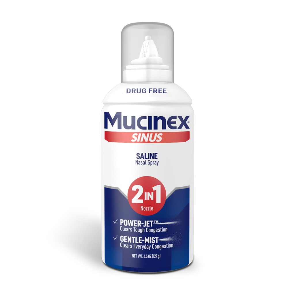 Mucinex Sinus Saline Nasal Spray & Sinus Rinse, Drug-Free, Additive Free, Non-Drowsy Nasal Irrigation with 2-in-1 Jet + Mist Spray Nozzle for Cold & Allergy Season, 4.5oz