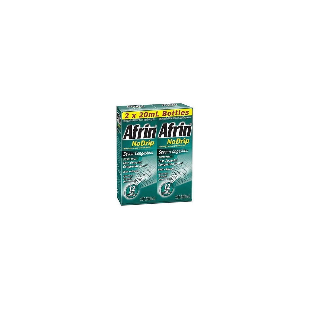 Afrin No Drip Severe Congestion Pump Mist Nasal Spray 12 Hour Relief 20 mL Bottle (Pack of 2)
