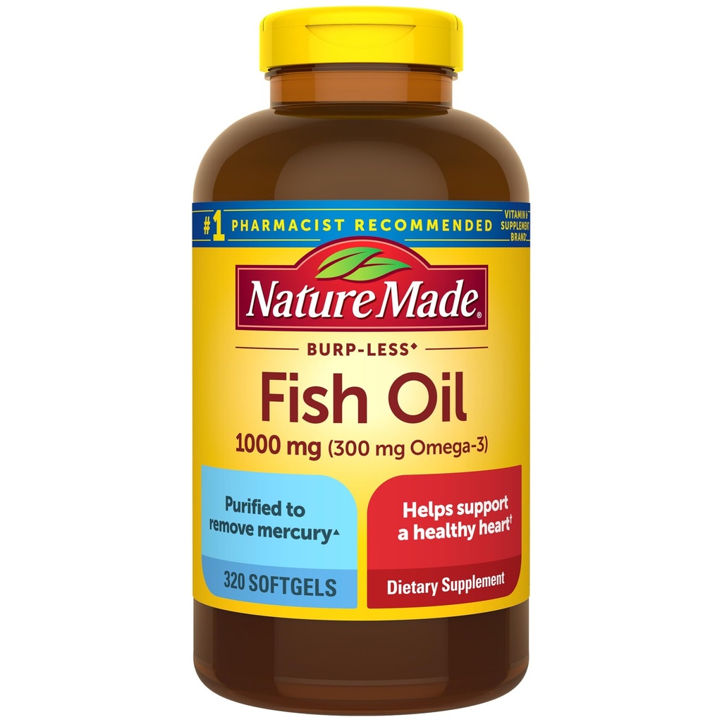 Nature Made Burp Less Fish Oil Omega 3 Συμπληρώματα, 1000mg Softgels, Ωμέγα 3 Fish Oil Συμπληρώματα για Υγιεινή υποστήριξη καρδιάς, 320 Softgels, 160 Ημέρα προσφοράς