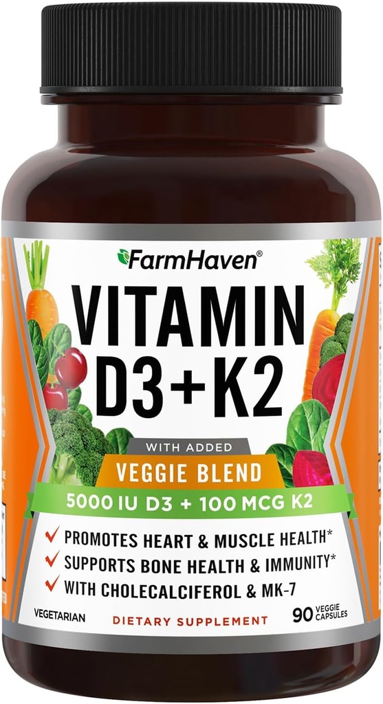FarmHaven Vitamin D3 K2 Κάψουλες - 5000 IU D3 και 100 mcg K2 - Cholecalciferol MK7 με Veggie Fruit Blend - Βιταμίνη D K2 Συμπλήρωμα για το ανοσοποιητικό σύστημα & την υγεία της καρδιάς - Χορτοφαγικά, Μη ΓΤΟ, 90 Caps