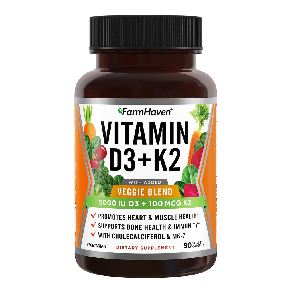 FarmHaven Vitamin D3 K2 Capsules - 5000 IU D3 and 100 mcg K2 - Cholecalciferol MK7 with Veggie Fruit Blend - Vitamin D K2 Supplement for Immune System & Heart Health - Vegetarian, Non-GMO, 90 Caps