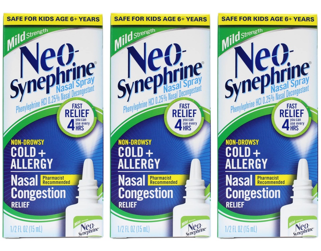 Neo-Synephrine Mild Strength Nasal Spray 15 mL – Phenylephrine 0.25% Fast Acting Nasal Decongestant for Cold and Allergy Relief (Pack of 3)