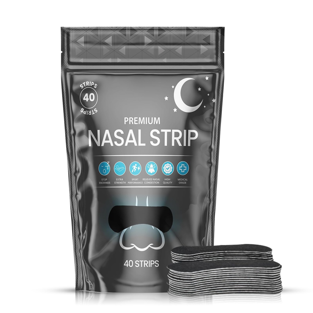 Nose Strips for Breathing (40 Count) - Oil & Sweat Proof Adhesive - Nasal Strips for Snoring - Intake Breathing & Athletic Performance - Extra Strength - Day and Night use.