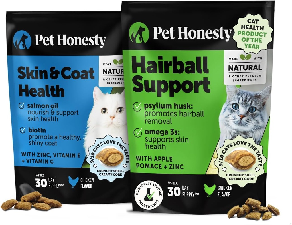 Γάτα δέρμα & παλτό Υγεία & Hairball Υποστήριξη Bundle: Ωμέγα & Biotin Chews για Shiny Coat & Furball Remedy (Chicken 30-Day Supply)