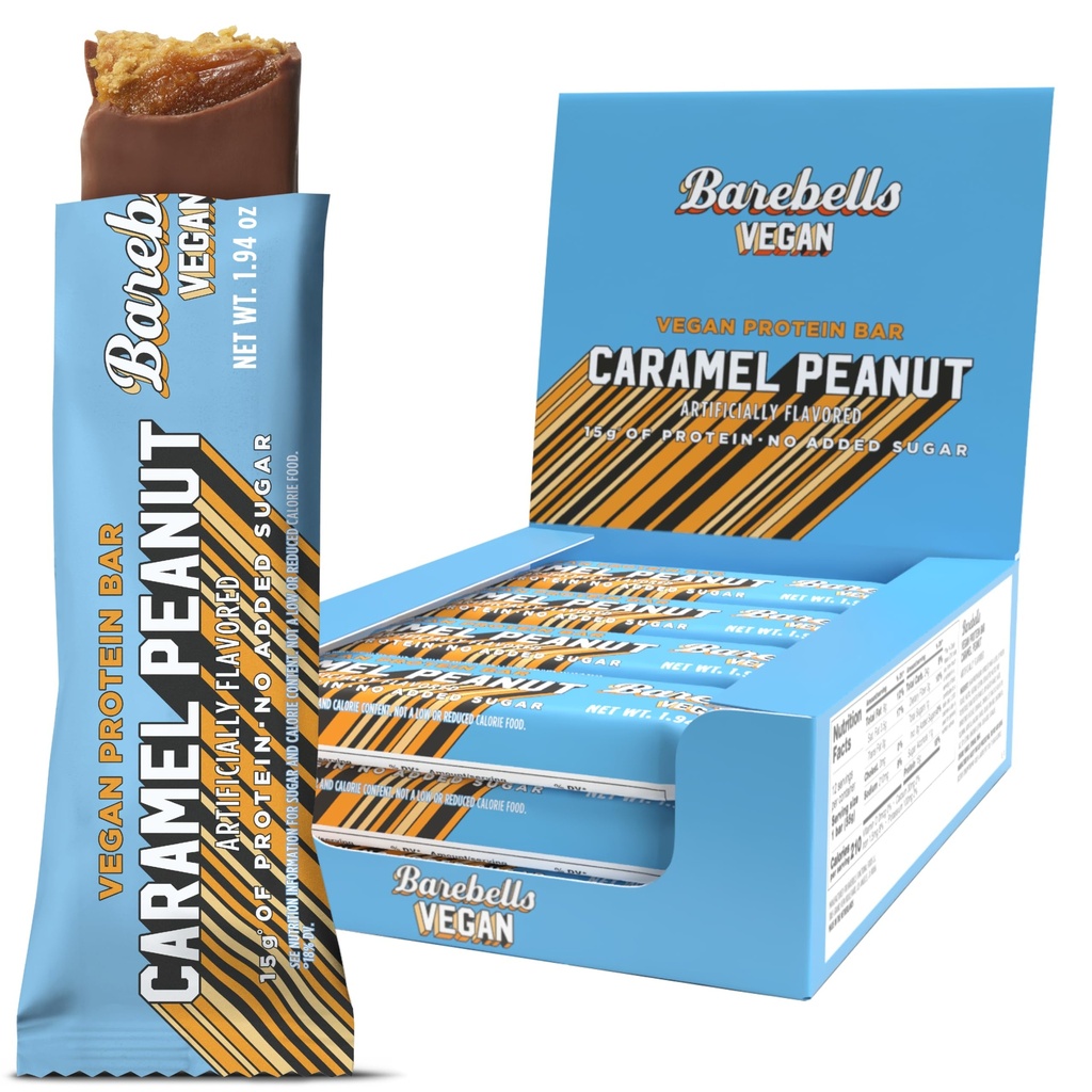 Barebells Vegan Protein Bars Peanut Caramel, Plant Based with High Protein - Chocolate Protein Bars - Perfect on The Go Protein Snack & Breakfast Bars 12 Count (Pack of 1)