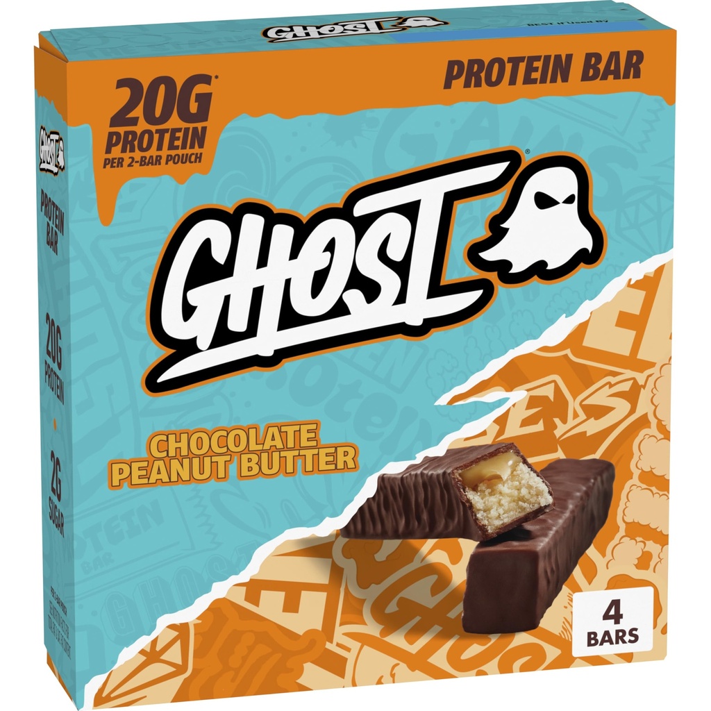 GHOST PROTEIN BAR, CHOCOLATE PEANUT BUTTER Flavor, 20G Protein, 2G Sugar, 4 Dual-Bar Packs, 9.2 oz