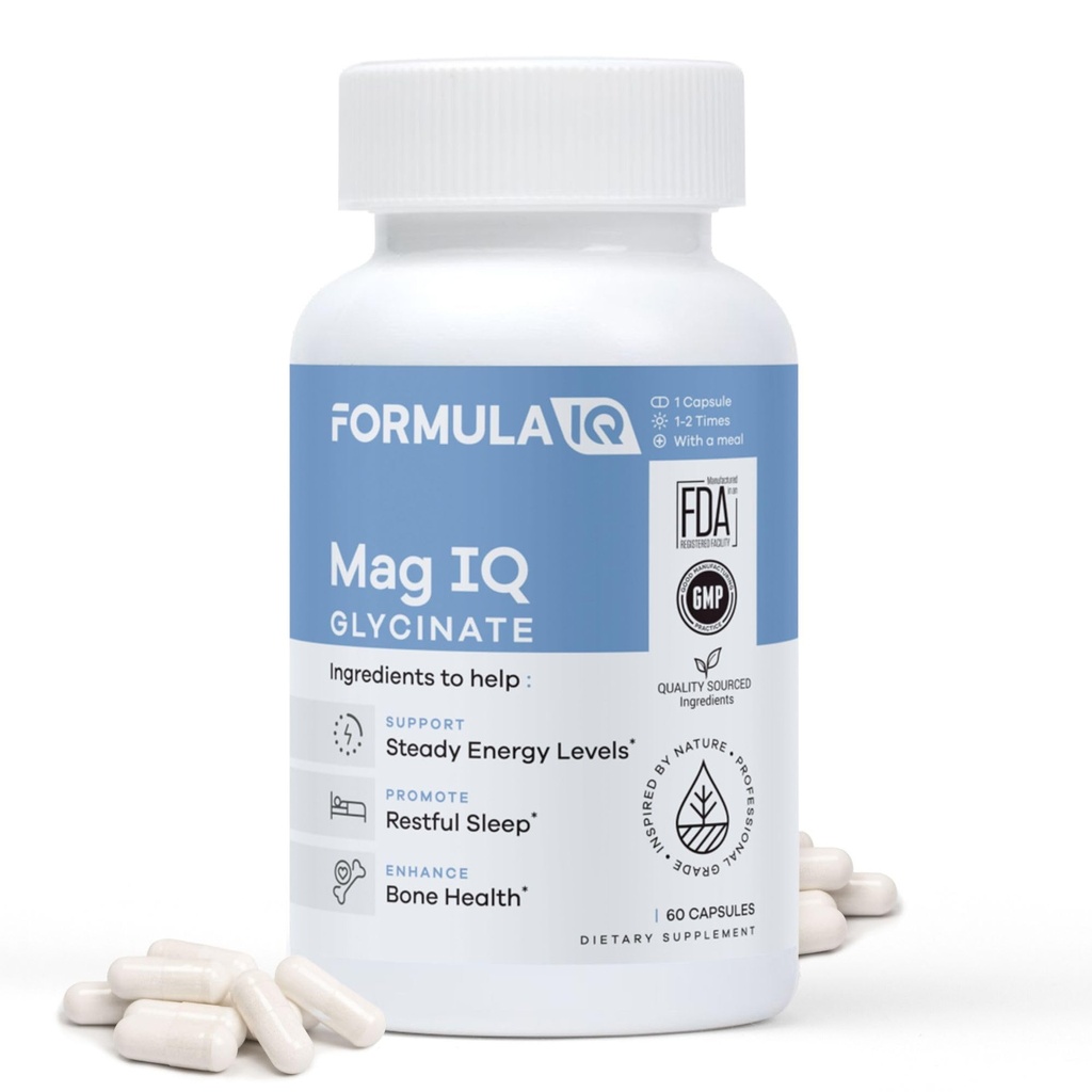 Formula IQ - Mag IQ Glycinate - Magnesium Bisglycinate Chelate TRAACS - High Absorption Magnesium Glycinate Supplement - Sleep, Daily Energy, & Bone Wellness - 60 Capsules