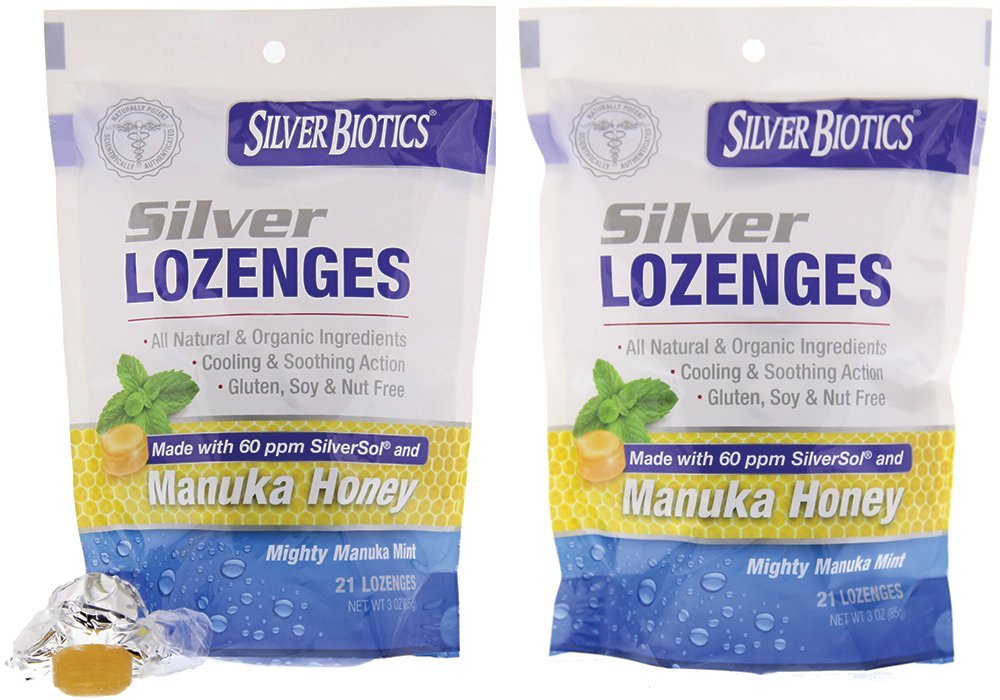 American Biotech Labs Silver Biotics Silver Lozenges w/60ppm SilverSol and Manuka Honey, Mighty Manuka Mint (21 Count) (2 Pack)