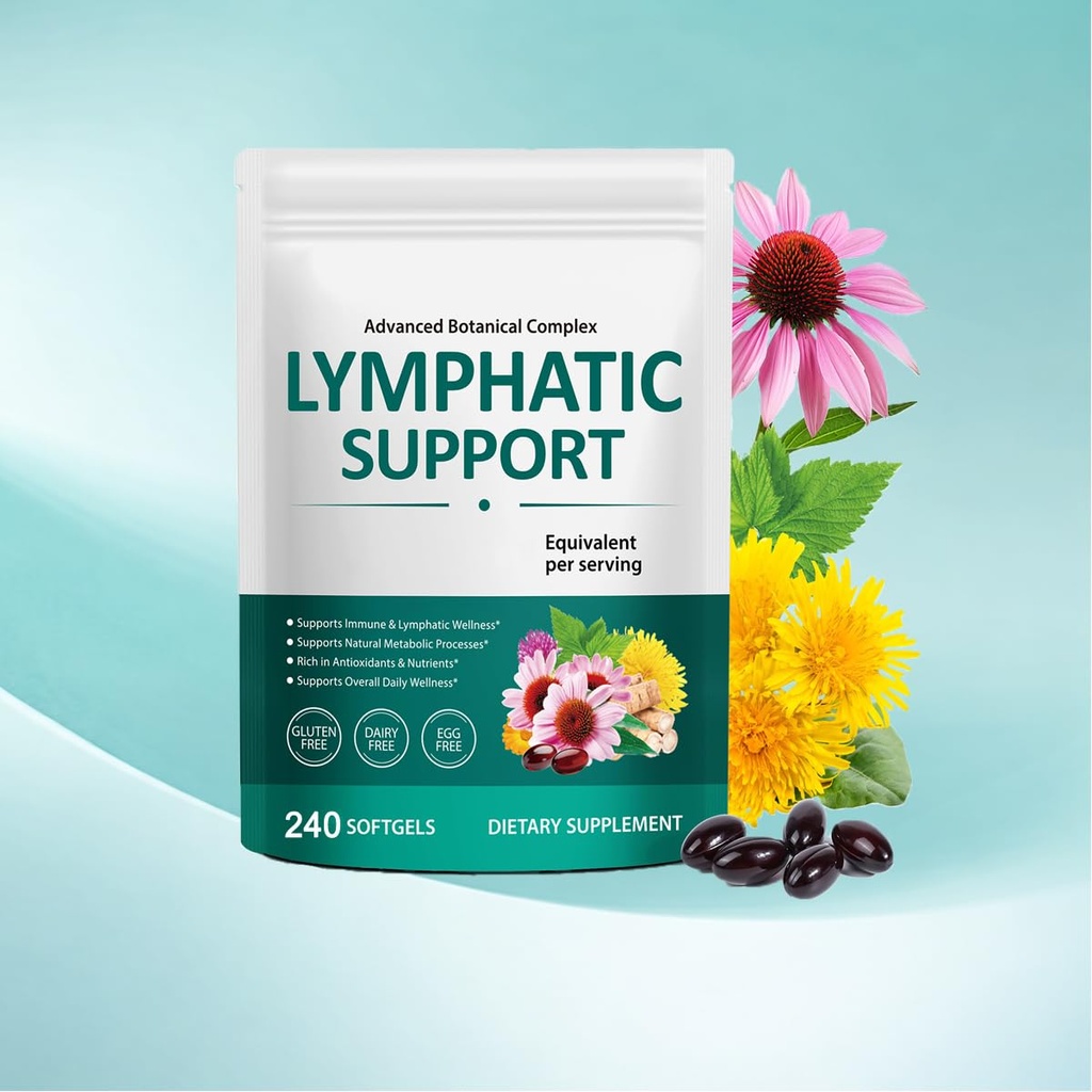 Lymphatic Drainage Supplements, Herbal Lymph System Support Supplement for Women & Men with Dandelion, Burdock, Echinacea, Turmeric, Bromelain, Fluid Balance & Immune Health, 240 Softgels