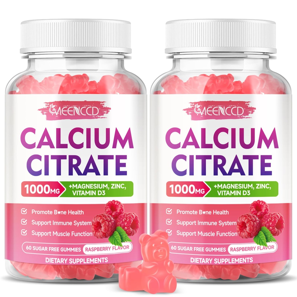 2 Συσκευασία Ασβέστιο Κιτρικό Gummies 1000mg w/Vitamin D3, Υψηλή Απορρόφηση Γόμες Ασβέστου για γυναίκες και άνδρες, Συν Μαγνήσιο, Κάλιο, Ψευδάργυρος για τους μυς & ανοσοποιητικό, Βατόμουρο Γεύση, 120 Count