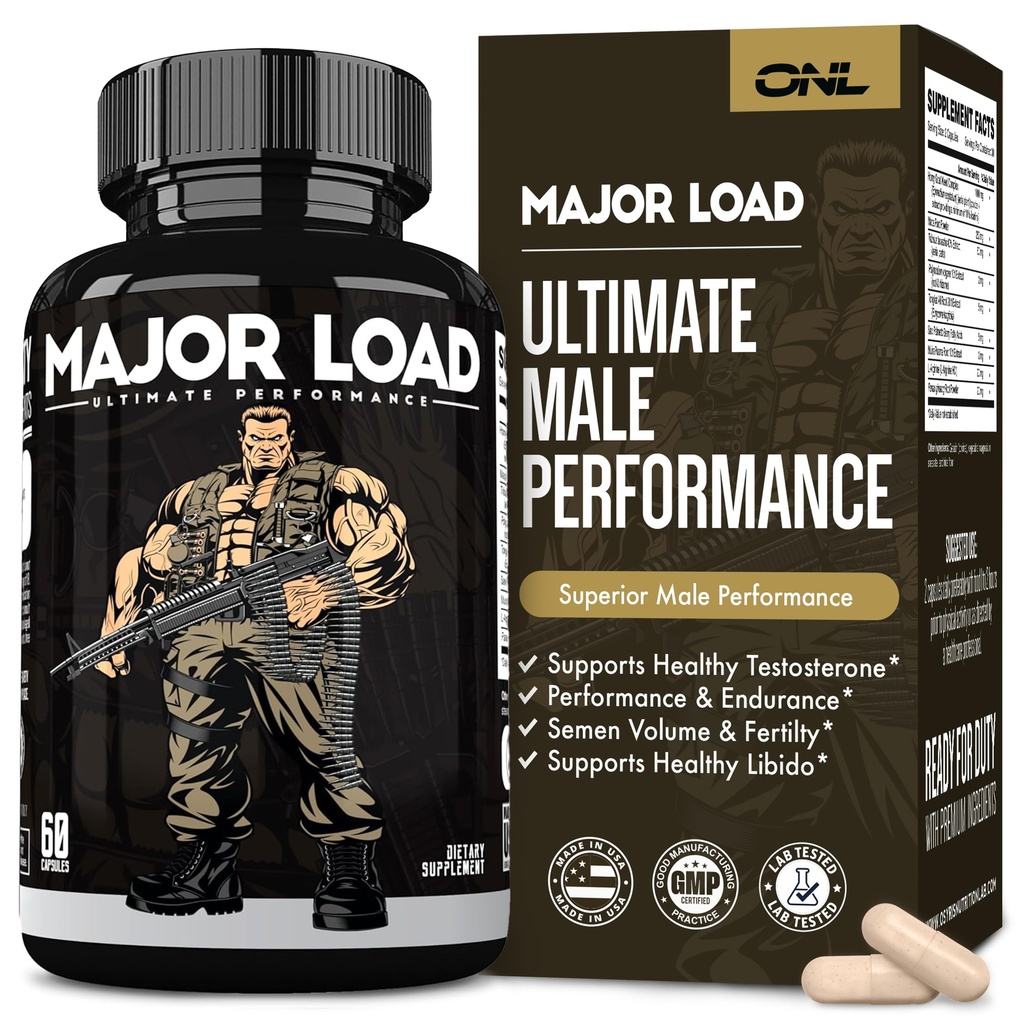 Major Load Testosterone Booster for Men - Testosterone Supplement with Horny Goat Weed, Maca Root, & Tribulus Terrestris - Tongkat Ali Men's Energy, Stamina & Strength - Test Booster 60 Κάψουλες