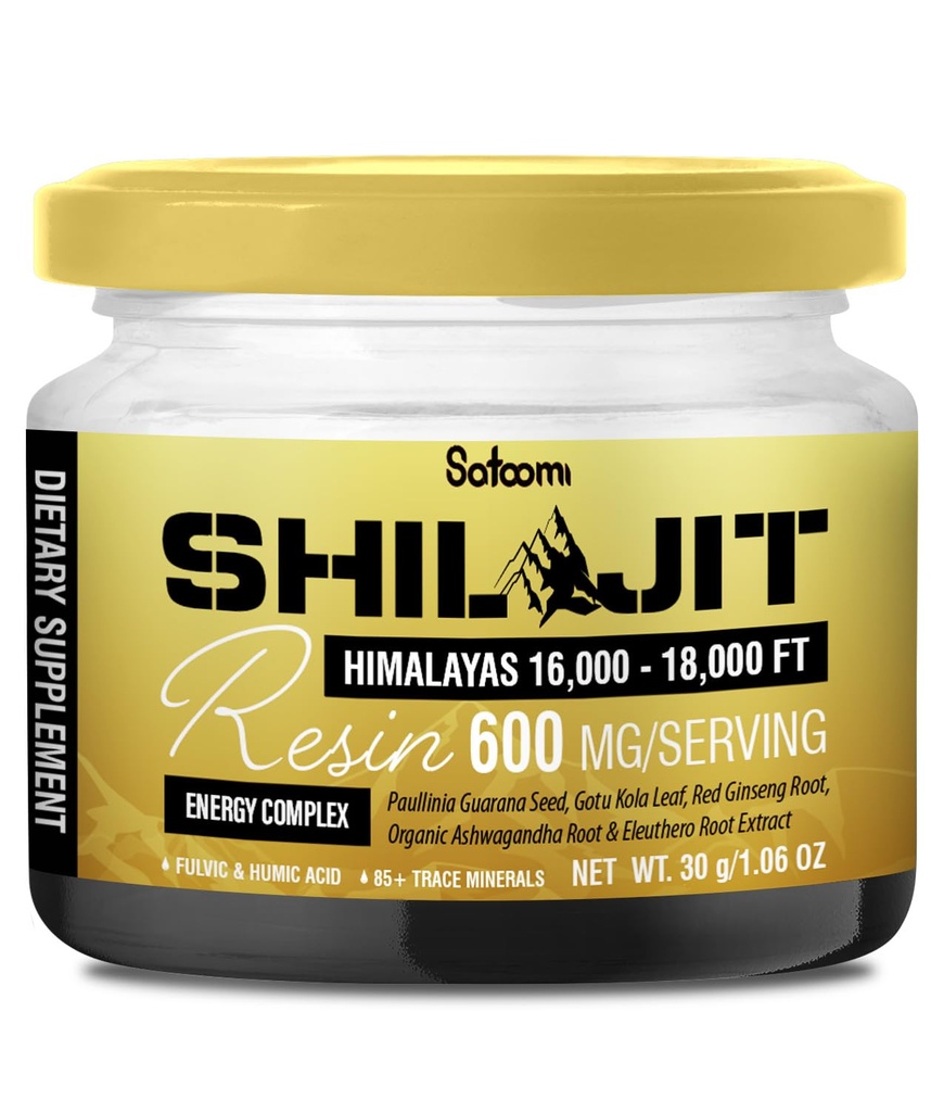 Satoomi Shilajit Himalayan Organic Resin - 30g Shilajit Supplement with 85+ Trace Minerals, Paullinia Guarana, Gotu Kola & More - Energy Production, Immune System, Comfortable Mood - 50-Day Supply