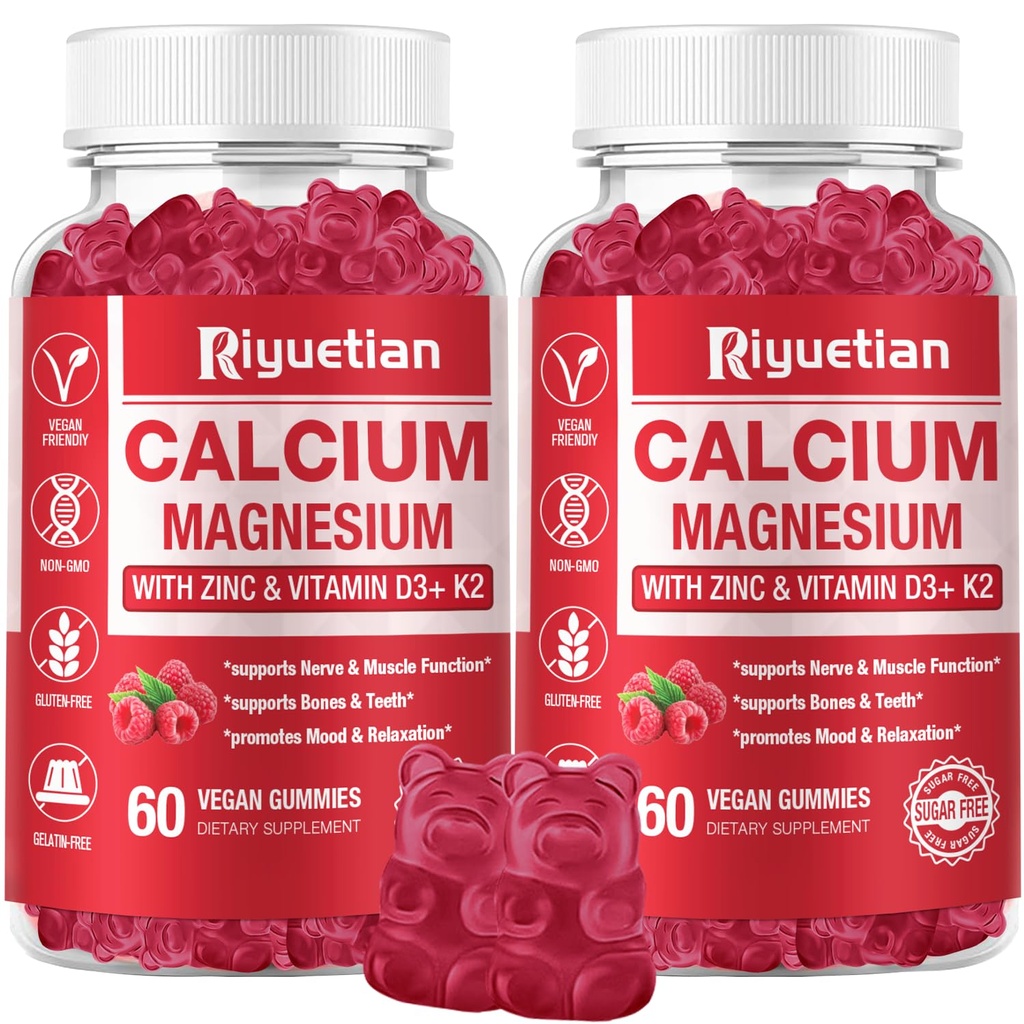 Ασβέστιο Gummies + Μαγνήσιο & Ψευδάργυρος με βιταμίνη D3 & K2, Υψηλή Απορρόφηση Συμπλήρωμα ασβεστίου για τα οστά, δόντια & ανοσοποιητική υποστήριξη, μη ΓΤΟ, Vegan, 120 Count