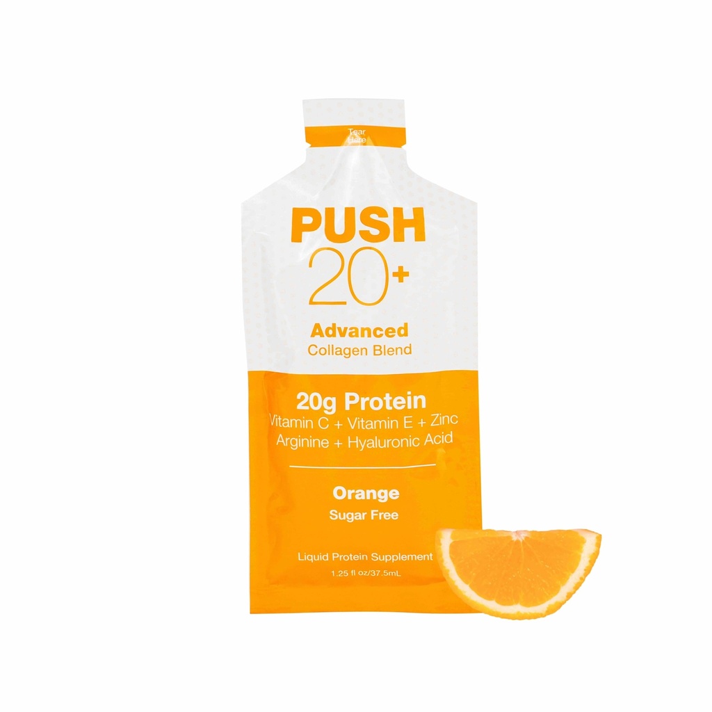 PUSH 20+ Advanced Collagen Blend, Orange Flavor, 20g Liquid Protein with Arginine, Vitamin C, E, Zinc, and Hyaluronic Acid Supports Wound Healing & Recovery, Single-Serving 1.25 oz Packets, Case of 60