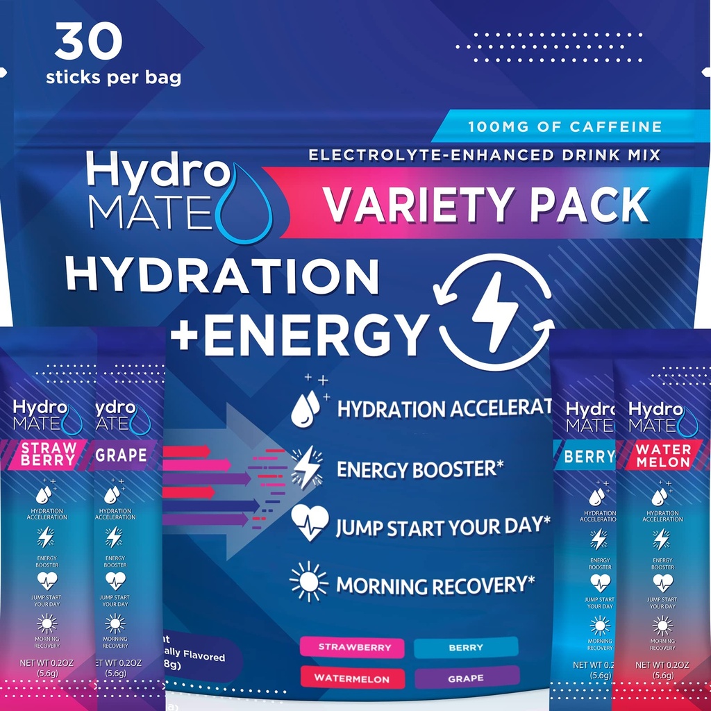 HydroMATE Ηλεκτρολυτές σκόνης Packets Packets Ενυδάτωση Επιταχυντής χαμηλής ζάχαρης Συμπάθειες Κόμμα για την ταχεία αποκατάσταση Βιταμίνη C Plus Caffeine Variety Pack - 30 Count