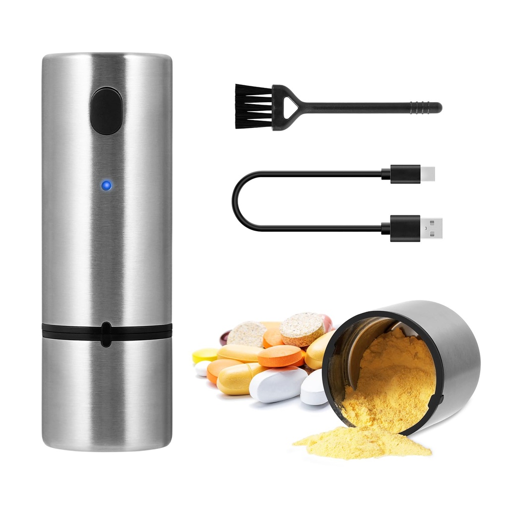 Vzaahu Electric Pill Crusher Fine Powder Portable Mini Stainless Steel Medication and Vitamin Tablets Grinder for Elderly