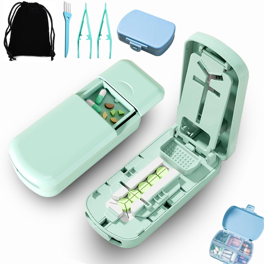 4-in-1 Pill Cutter Splitter for Small Pills, Cuts 1/2 1/3 and 1/4 Portions | Tablet Crusher with One-Touch Grinder, Hidden Safety Lock for Seniors and Pets, Portable Kit with Tweezers, Brush and Bag.