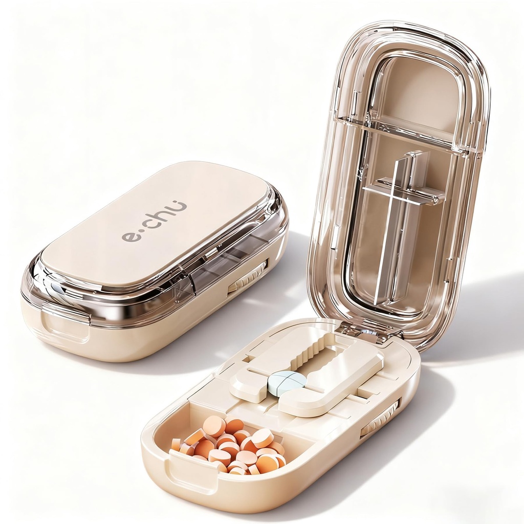 E Chu Pill Cutter - Pill Cutter Splitter for Small and Tiny Pills, Larger Pills - 1/2 1/4 Adjustable Splitter - Improved Sharp Blade & Centering Device (Beige, 1)