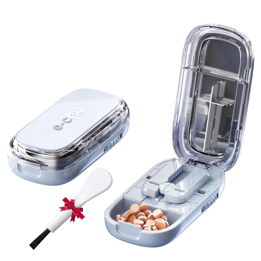Echu Portable Pill Cutter, Pill Cutter Pro Professional Splitter, Adjustable 1/2 1/4 Pills Cutters Splitter for Small or Large Pills, with Stainless Steel Blades and Centering Guide Tablet(Blue)