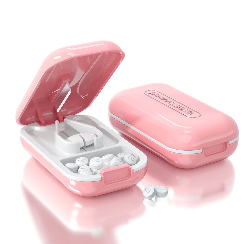 Pill Cutter, Pill Splitter Cutting Small or Large Pills in Half, Pill Crusher Cuts Pills, Vitamins, Tablets, Stainless Steel Blade, Travel Sized Pink