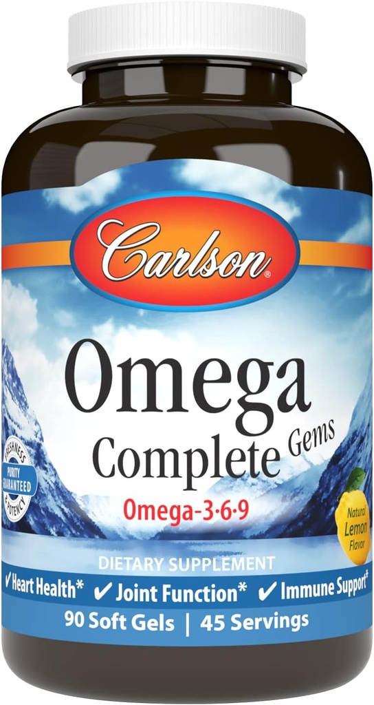 Carlson - Omega Complete Gems, Omega-3-6-9, Άγρια πιάστηκε, με βιώσιμη προέλευση, την υγεία της καρδιάς, κοινή λειτουργία & ανοσοποιητική υποστήριξη, 90 Softgels