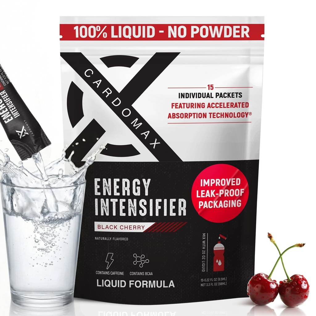 CardoMax Energy Drink Mix 200mg Liquid Caffeine BCAA Black Cherry 15pk | 200mg Liquid Caffeine, BCAAs, Sugar-Free, Zero Calorie, Vegan & Keto, 15 Stick Packs