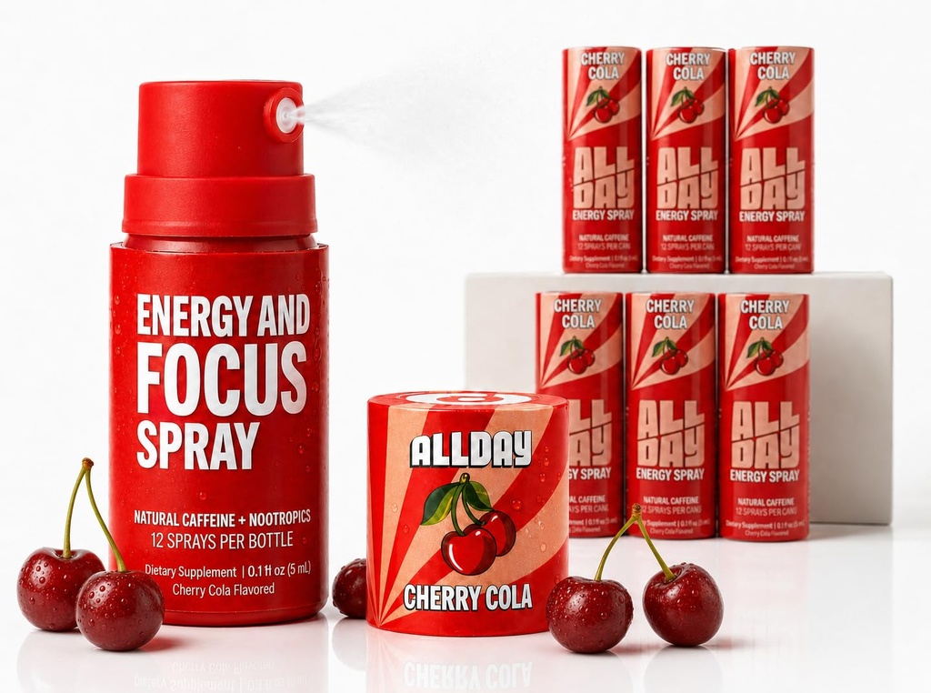 ALLDAY Focus + Energy Spray | Natural Caffeine + L-Theanine + Essential Vitamins | 0 Calorie, 0 Sugar | 12 Spray Bottle | Faster, Cleaner, Smoother Energy* (6 Pack Cherry Cola)