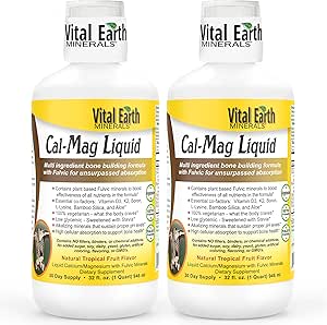 Vital Earth Minerals Cal-Mag Liquid – Συμπλήρωμα μαγνησίου ασβεστίου με βιταμίνη D3, K2, Boron, και Fulvic Acid για ταχύτερη απορρόφηση, 32 Oz Ea + 1 Oz Cup