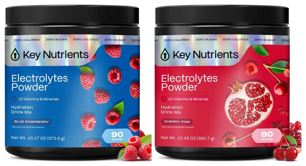 KEY NUTRIENTS Electrolytes Powder Bundle, Sweet Blue Raspberry 90 Servings Jar + Sweet Cherry Pom 90 Servings Jar, Sugar Free Hydration Drink Mix with Vitamins & Minerals, No Calories