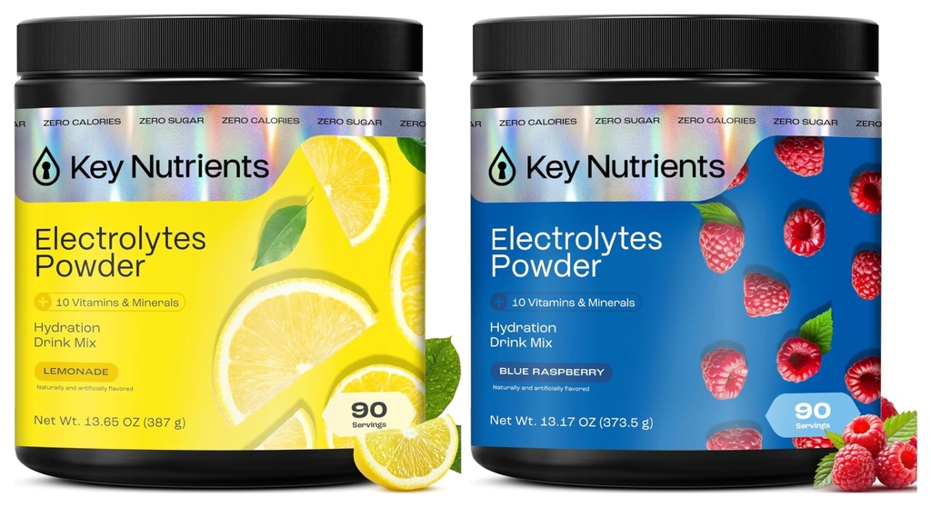 KEY NUTRIENTS Electrolytes Powder Bundle, Refreshing Lemonade 90 Servings Jar + Sweet Blue Raspberry 90 Servings Jar, Sugar Free Hydration Drink Mix with Vitamins & Minerals, No Calories
