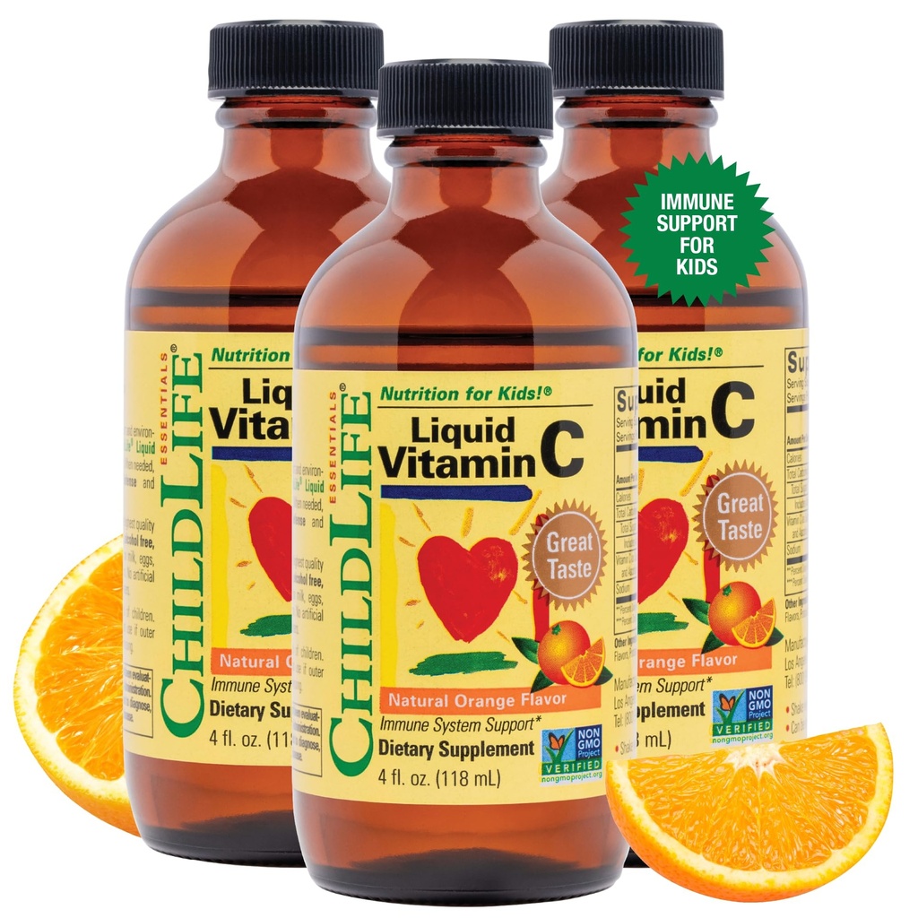 CHILDLIFE ESSENTIALS Liquid Vitamin C Low Sugar Kids, 4 Fl Oz (Pack of 3) | Pure Vitamin C Liquid Supplement, Toddlers, Babies, Immune System Support, Natural Orange Flavor, Kids, Low Sugar