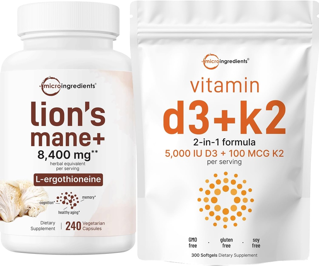 Micro Συστατικά Βιταμίνη D3 5.000iu + K2 100mcg Softgels & Lions Συμπλήρωμα Mane 240 κάψουλες Veggie Bundle 2 Pack 
