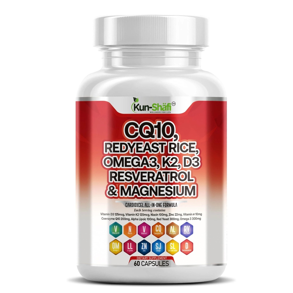 COQ10 250mg, Red Yeast Rice, Omega-3, PQQ, Nattokinase, Resveratrol & More – Heart & Cardiovascular Support Supplement for Women & Men with Vitamin D3 K2,E, Zinc – 60 Ct