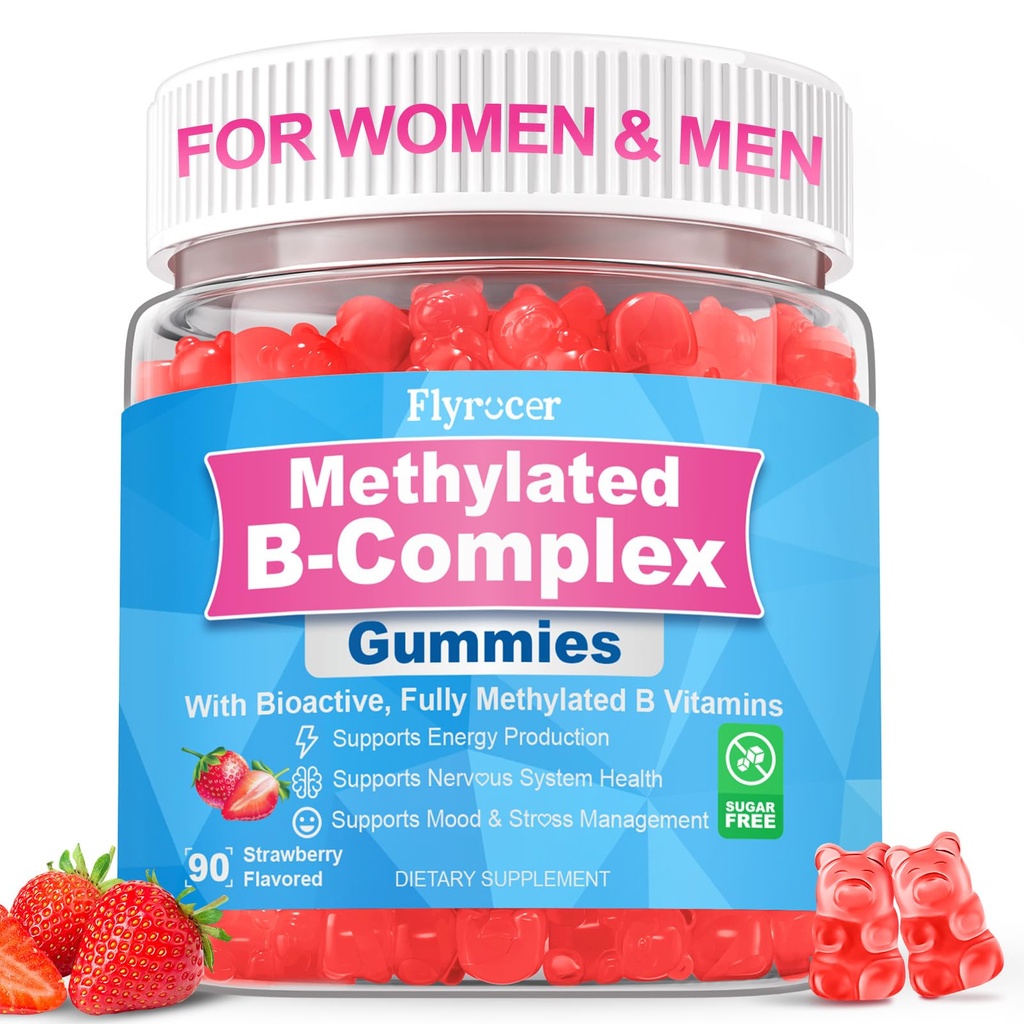 90 Count | Methylated Vitamin B Complex Gummies For Women & Men Sugar Free | Full B Vitamins with Magnesium, L-Theanine, Ashwagandha for Energy, Brain, Nerve, Immunity, M♡♡d & Str♡ss, Strawberry Flavor