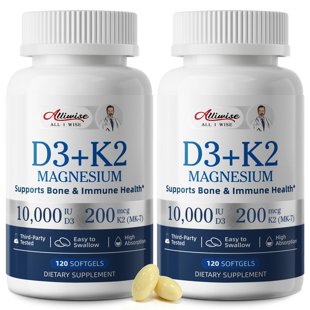 Alliwise D3 K2 Vitamin 10000 IU with Magnesium Complex Softgels, 240 Count | D3 K2 Magnesium Complex + 200mcg K2 MK-7 - High Potency Supports Calcium, Immune & Sleep Health,Gluten-Free