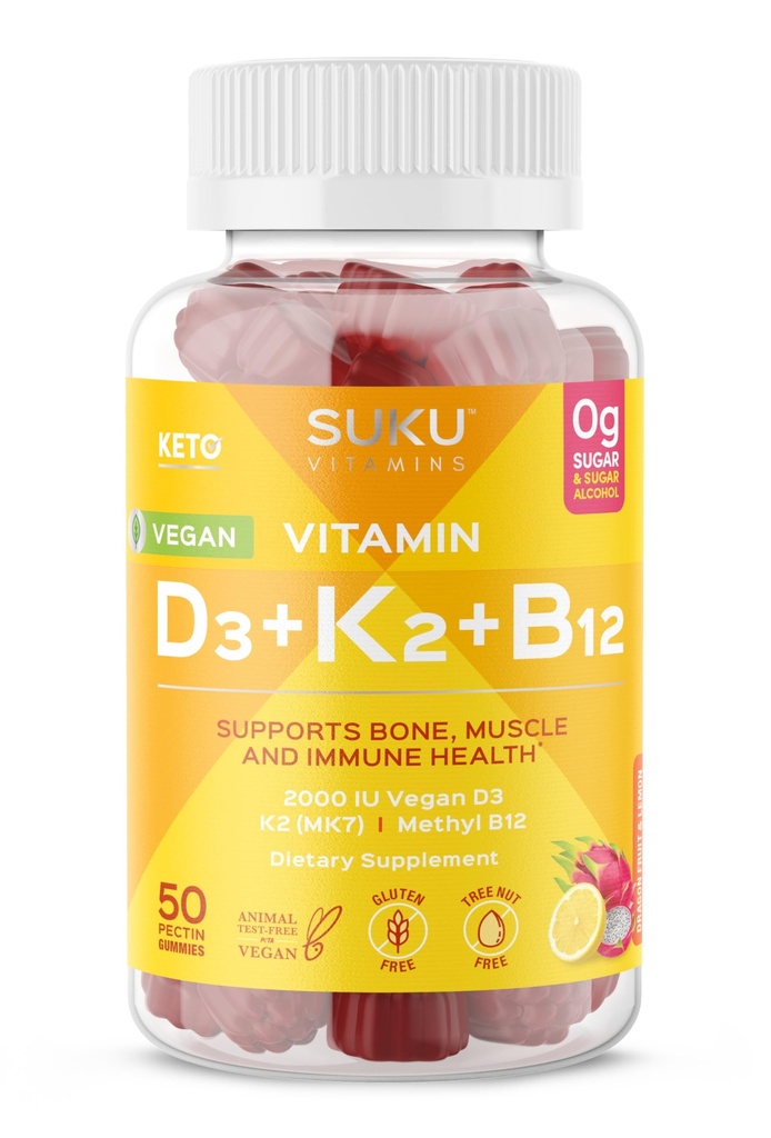SUKU Vitamins Vegan D3 + K2 + B12 Sugar-Free & Sugar-Alcohol-Free Keto 2000IU Vitamin D Gummy Supplement for Healthy Bones, Immune Function, Healthy Metabolism, Lemon Dragon Fruit Flavor (50 Gummies)
