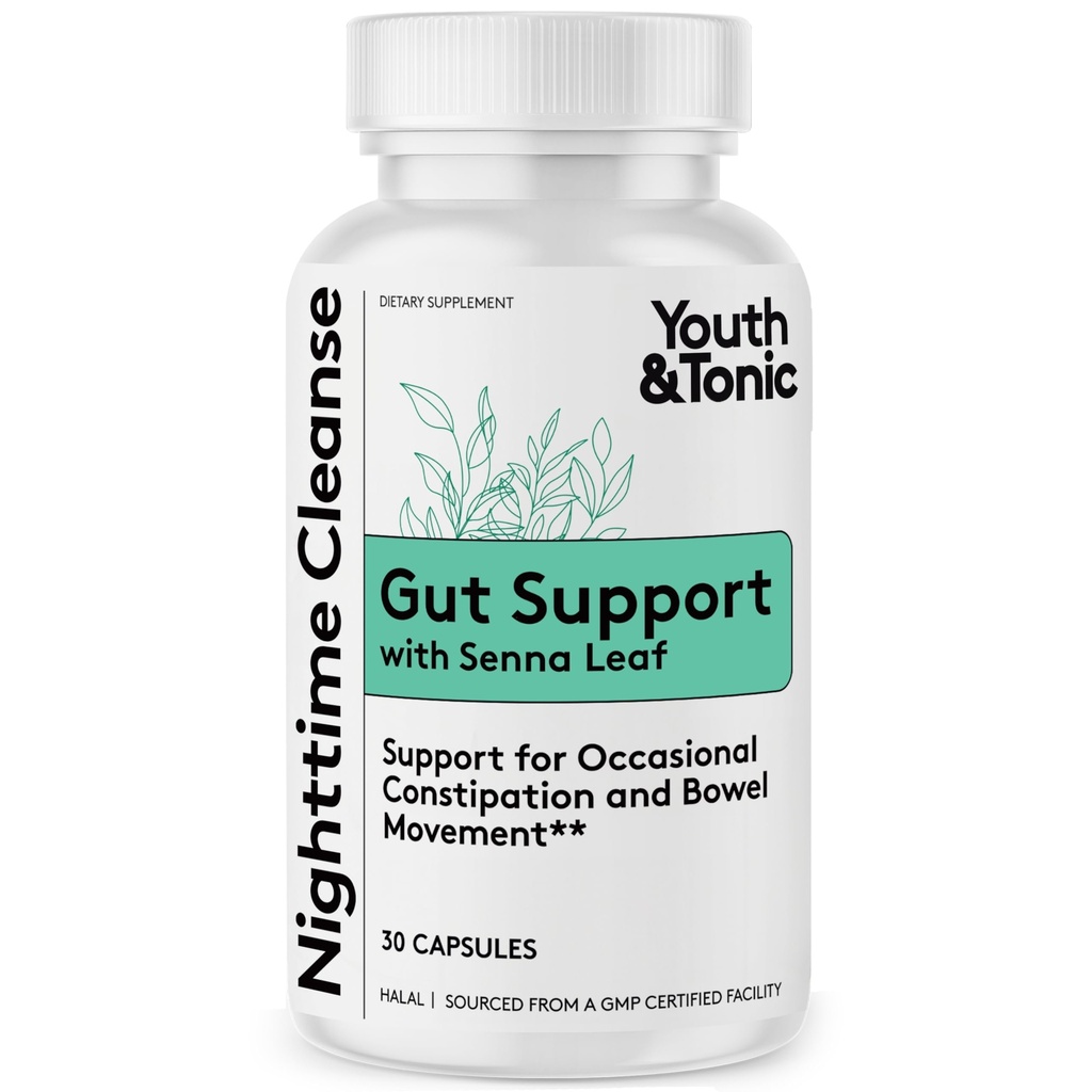 Youth & Tonic Colon Cleanse & Constipation Relief, Senna Leaf Laxative | Nighttime Gut Cleanse, Bowel & Colon Detox, Women, Men, Senna Leaf, Psyllium Husk, Cascara Sagrada, Intestinal Cleanse, 30 Ct