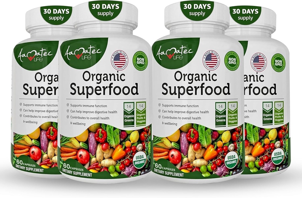 Βιολογικά Superfood Greens Fruits and Veggies Complex - Καλύτερο συμπλήρωμα διατροφής με 14 Πράσινα και 14 Φρούτα & Λαχανικά με Αλφάλφα & Αντιοξειδωτικά Βιολογικά Συστατικά Μη ΓΤΟ 240 Κάψουλες