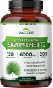 Zazzee Extra Strength Saw Palmetto 20:1 Extract, 6000 mg Δύναμη, 40% Λιπαρά Οξέα, 120 κάψουλες Vegan, 4 μήνες προσφοράς, συμπυκνωμένο και τυποποιημένο εκχύλισμα 20X, μη-GMO, όλα φυσικά, Κατασκευασμένο στις ΗΠΑ