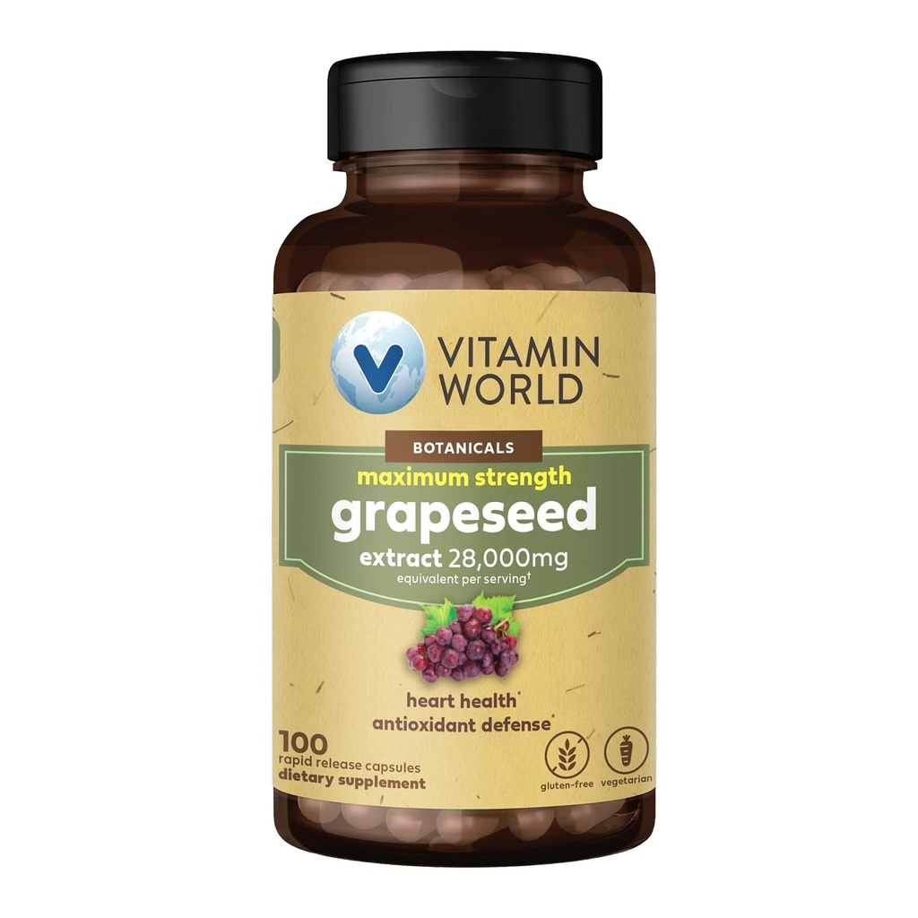 Vitamin World Grape Seed Extract, 95% Polyphenols, Supports Heart Health & Antioxidant Protection, Gluten-Free, Vegetarian, 100 Servings