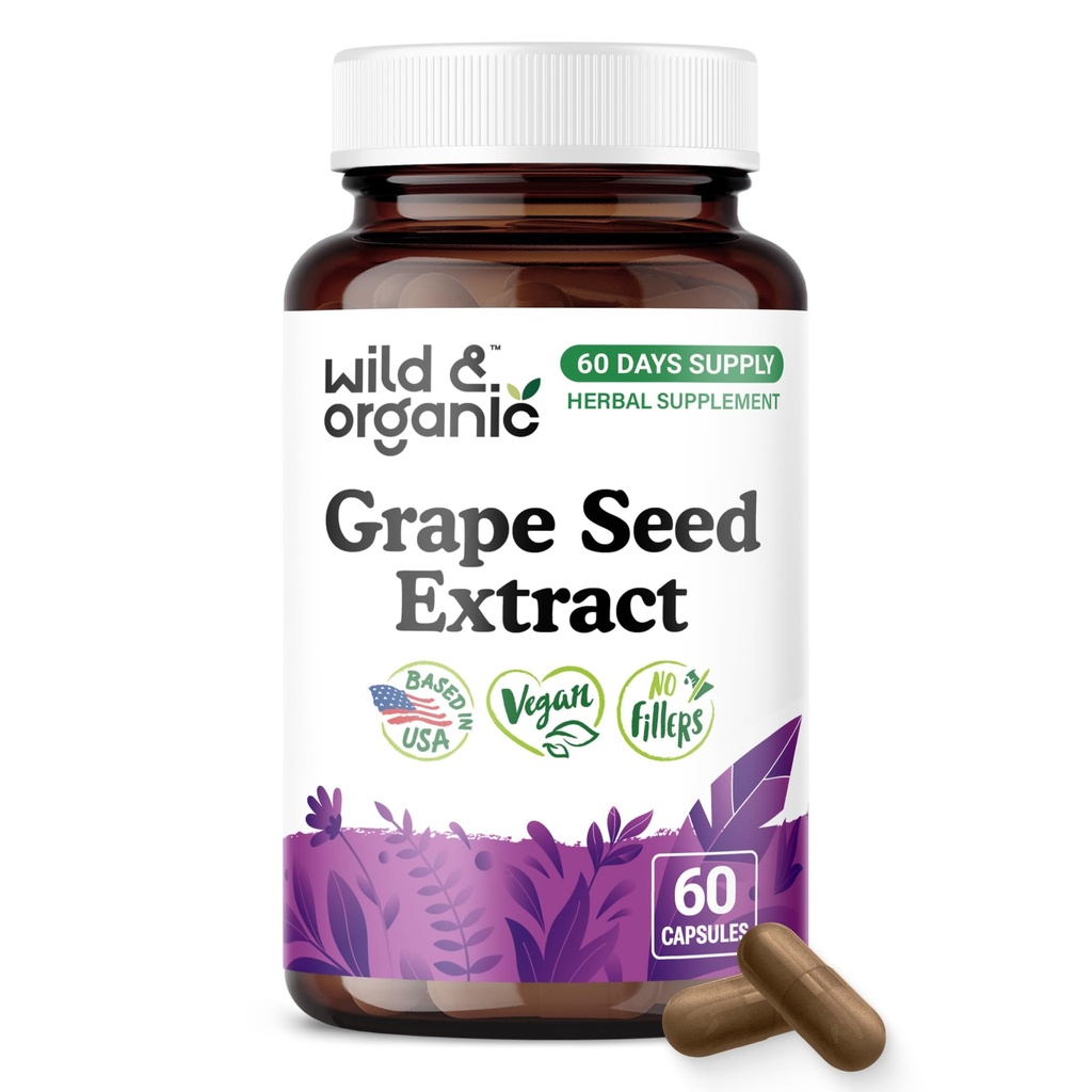 Wild & Organic Grape Seed Extract Capsules - Antioxidant Support - Grapeseed Extract 400 mg - 95% Polyphenols - 2 Month Supply - 60 Vegan Capsules - Non-GMO