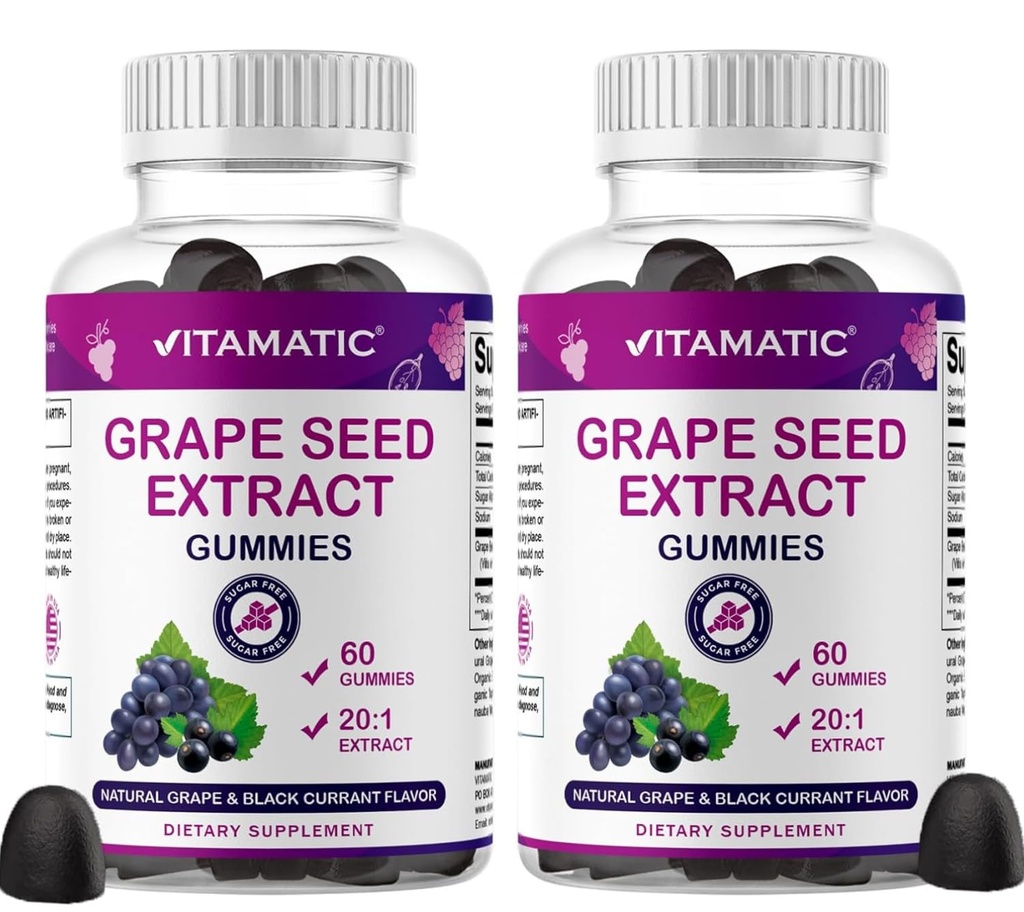 Vitamatic Grape Seed Extract Gummies – Plant-Based Botanical Extract – Natural Grape & Black Currant Flavor – Vegan, Non-GMO – Herbal Supplement – 60 Gummies - 2 Pack