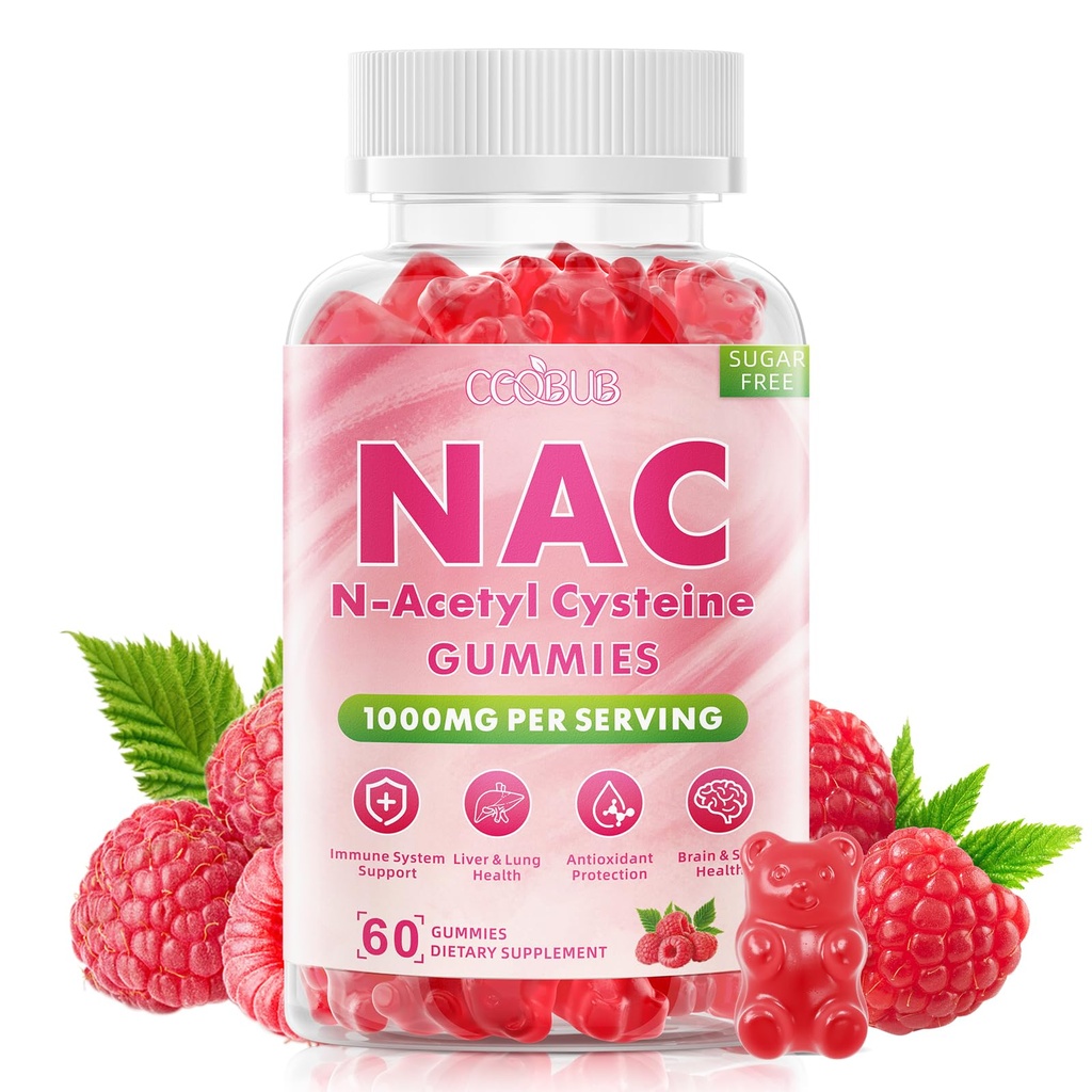 NAC Gummies 1000mg, NAC Supplement for Adults & Kids, NAC Supplement N-Acetyl Cysteine for Antioxidants & Immune Support, Lung & Liver Health, Sugar-Free Vegan Raspberry Flavor, 60 Count
