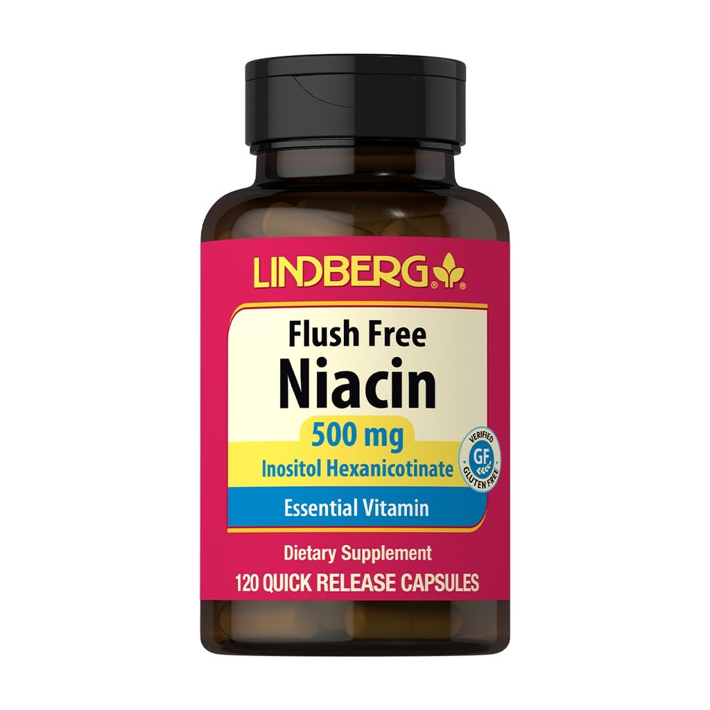 Lindberg Niacin 500mg Flush Free | 120 Capsules | Vitamin B3 Supplement | as Inositol Hexanicotinate | Non-GMO, Gluten Free | Non-GMO, Gluten Free