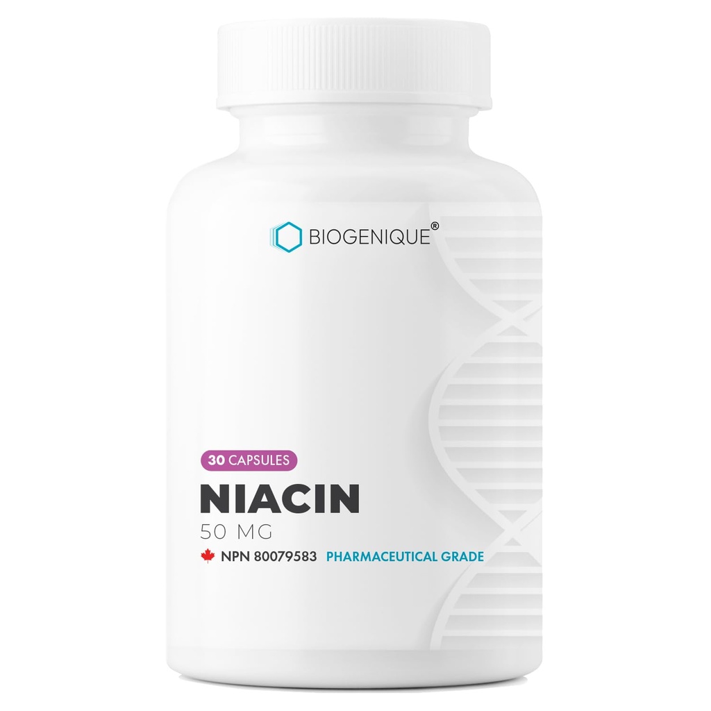 Biogenique Niacin 50mg - Vitamin B3 Niacin - Supports Energy Production, Healthy Metabolism & Nervous System Function - Energy Supplement - 30 Capsules Made in Canada, Non-GMO, Vegan
