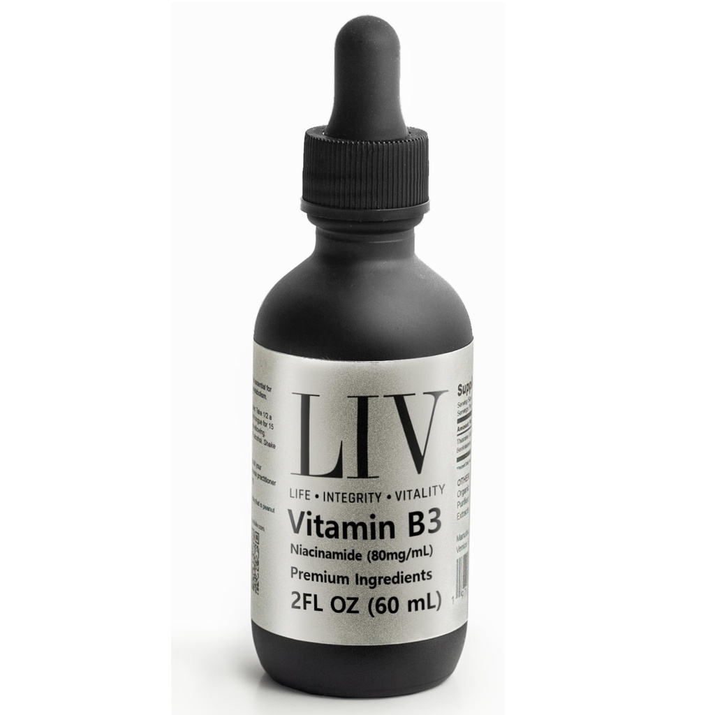 LIV Vitamin B3 Liquid – Niacinamide 80mg/mL Supplement for Cellular Energy & Skin Support – Non-Flush Drops – 60 mL