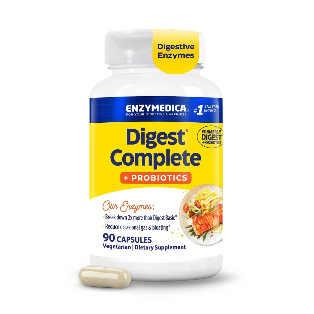 Enzymedica, Digest Complete + Probiotics, Full-Range, Everyday Enzymes with 800 Million CFU Active Cultures per Capsule, 90 Κάψουλες